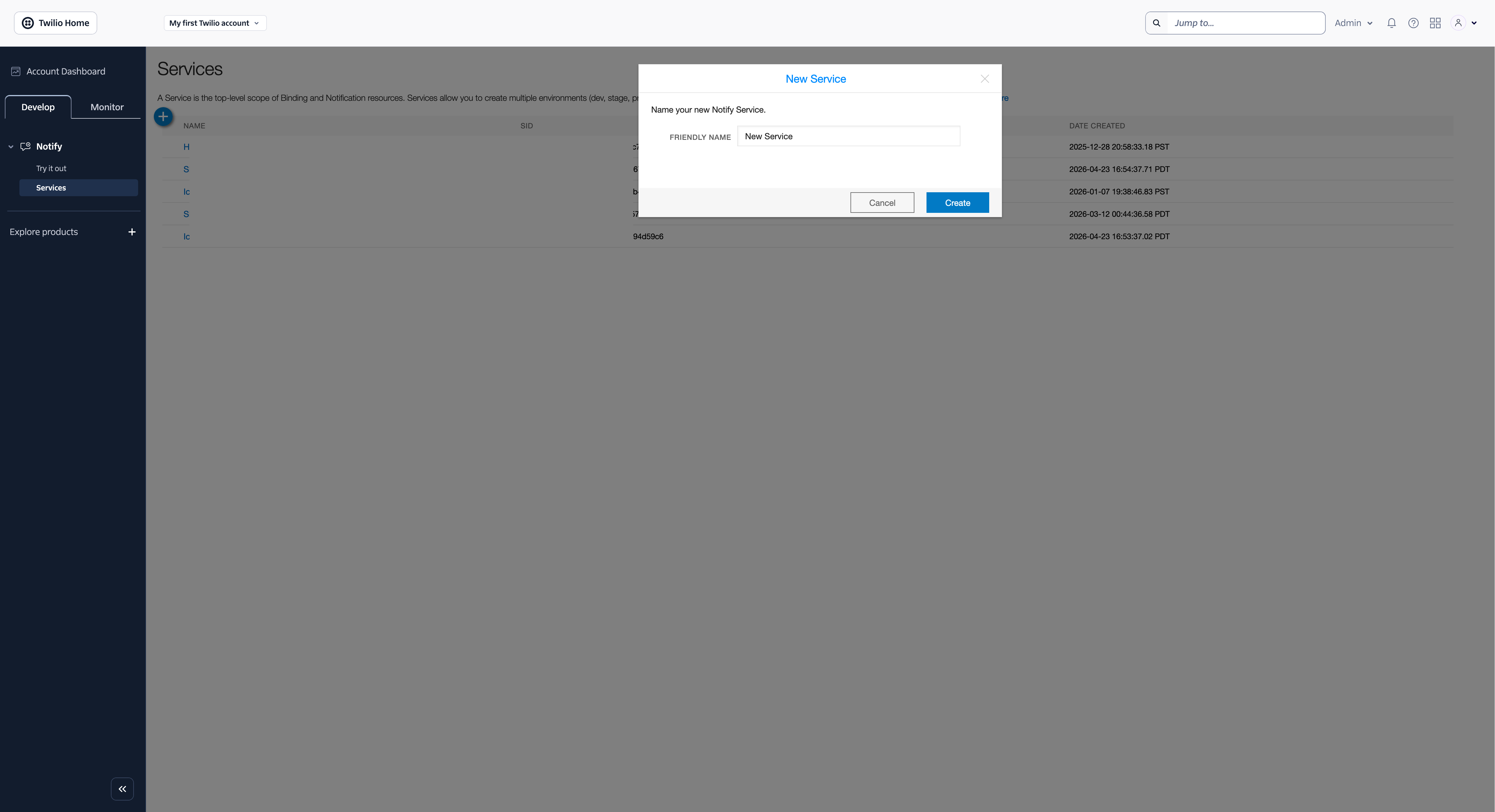 Creating a new Service in Twilio Notify